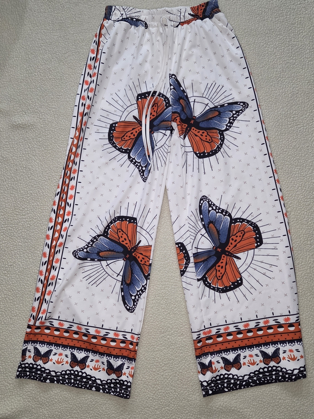 Women's Medium Butterfly Print Drawstring Pants - White, Orange With Flare Legs - Picture 2 of 8